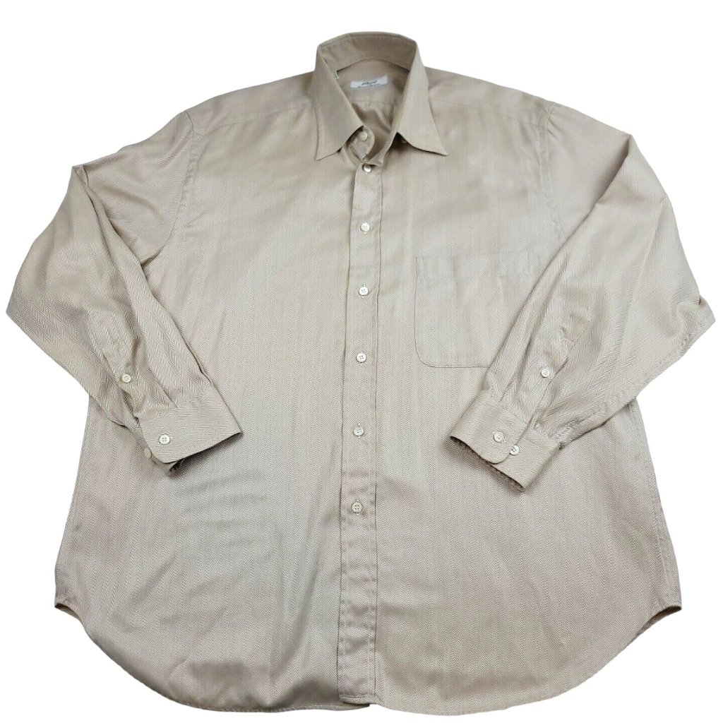 Brioni Mens Xl Dress Shirt Collar 17 Beige Herringbone Neiman Marcus Italy Made